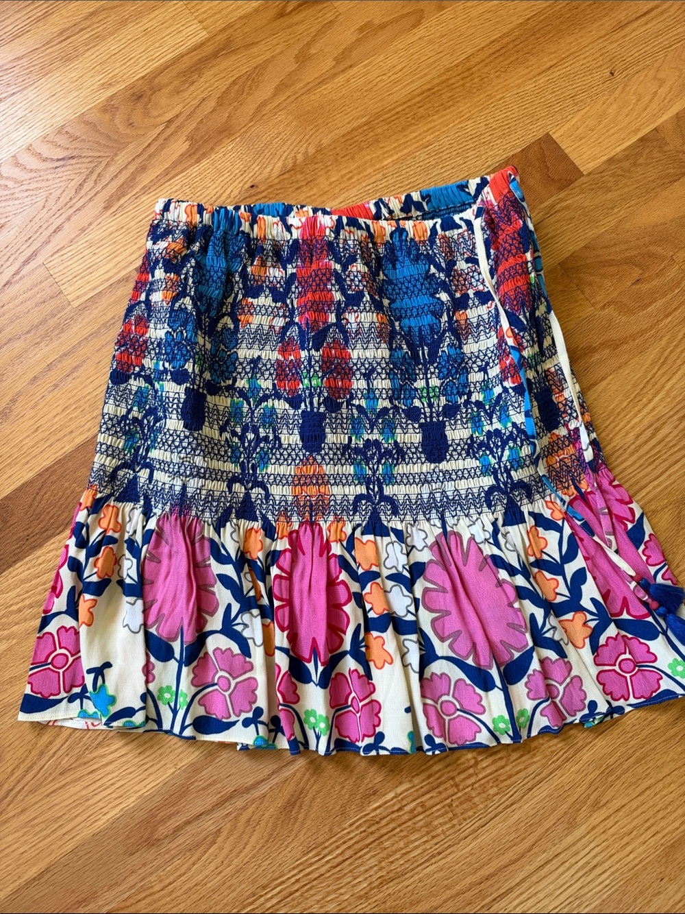 Plenty by Tracy Reese Pink, Blue & Orange Floral Smocked Mini Skirt